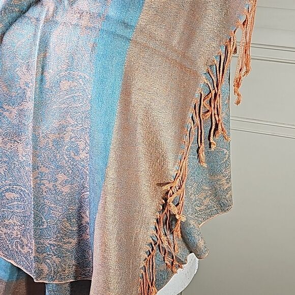 Pashmina Wrap 30 Percent Silk 70 Per. Pashmina Light Blue Light Orange Fringed - Picture 2 of 4